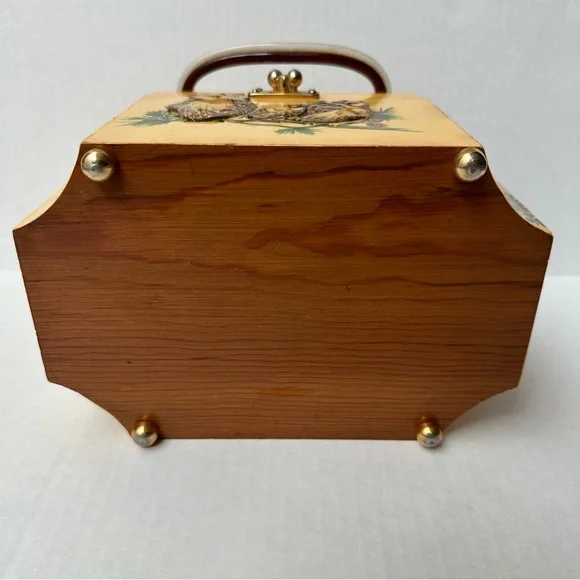 Wood Box 3D Decoupage Purse Octagon Brass Clasp Owls Vintage 60s/70s - Picture 9 of 16